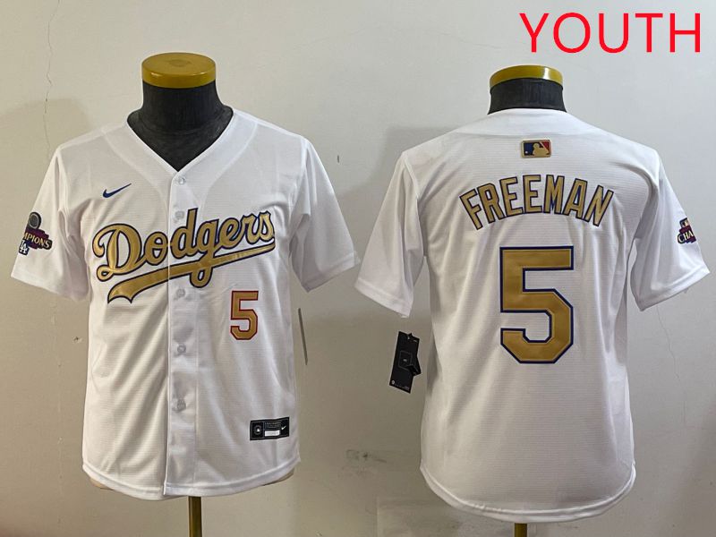 Youth Los Angeles Dodgers 5 Freeman White Champion gold character 2025 Nike MLB Jersey style 1